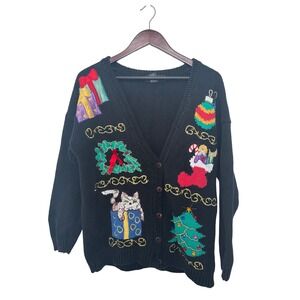 Vintage Y2K Christmas V Neck Cardigan Holiday Sweater Embroidered Embellished‎ L